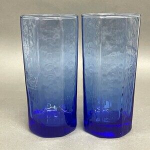 Cobalt Blue Clear Glass Glasses Panels Textured Highball 6 1/8" high Lot of 2